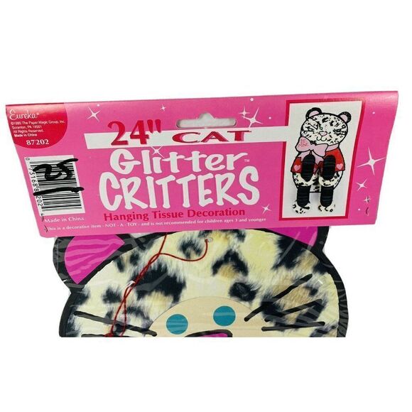 VTG 1995 NOS Eureka Glitter Critters 24" Cat Die Cut Valentine Hanging Tissue - Picture 5 of 8